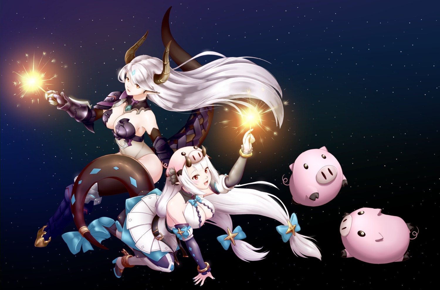 armor, cleavage, epic7, heels, horns, luna_(epic7), no_bra, pointy_ears