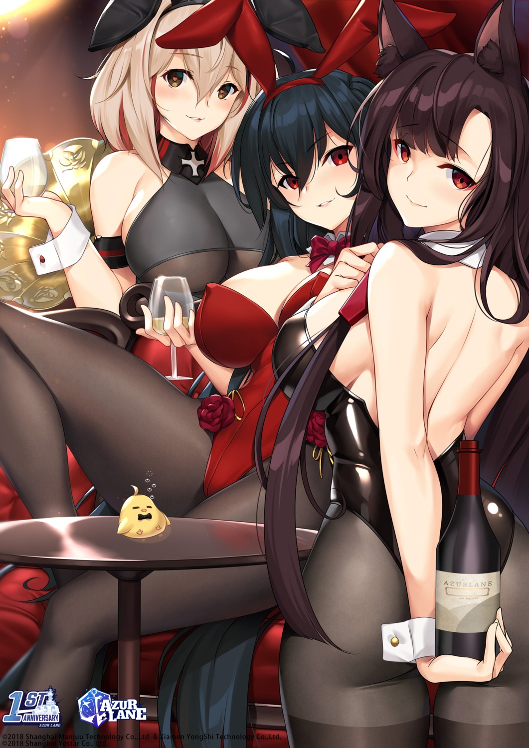 akagi_(azur_lane), animal_ears, ass, azur_lane, bunny_ears, bunny_girl, no_bra, pantyhose, roon_(azur_lane), taihou_(azur_lane), tony_guisado