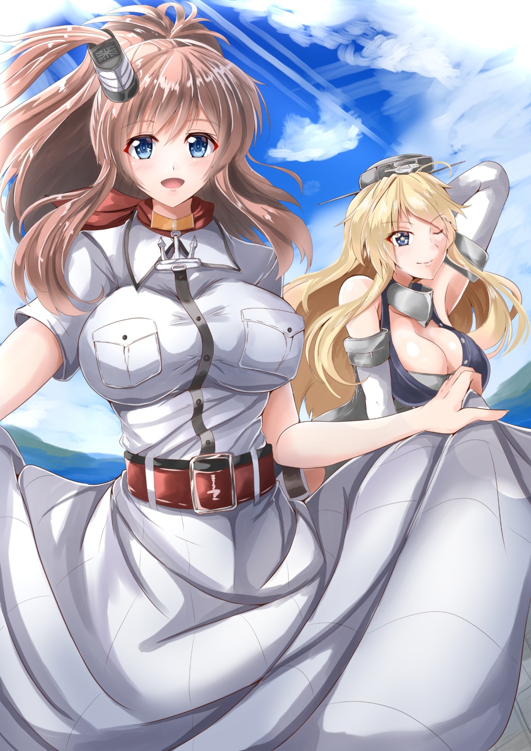 cleavage, iowa_(kancolle), kantai_collection, kentan, open_shirt, saratoga_(kancolle), skirt_lift, uniform