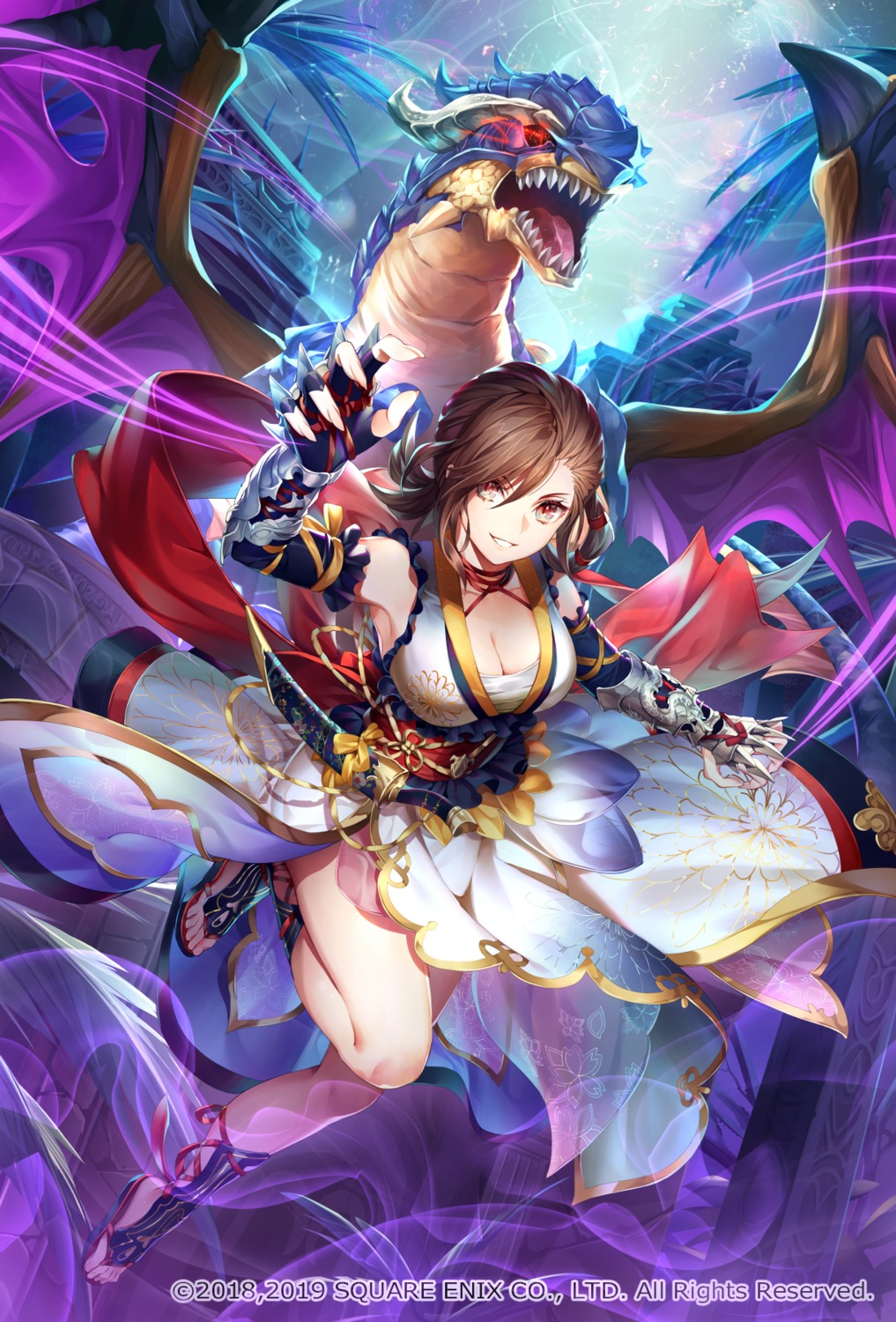 armor, cleavage, japanese_clothes, monster, nemusuke, romancing_saga_re;universe, skirt_lift