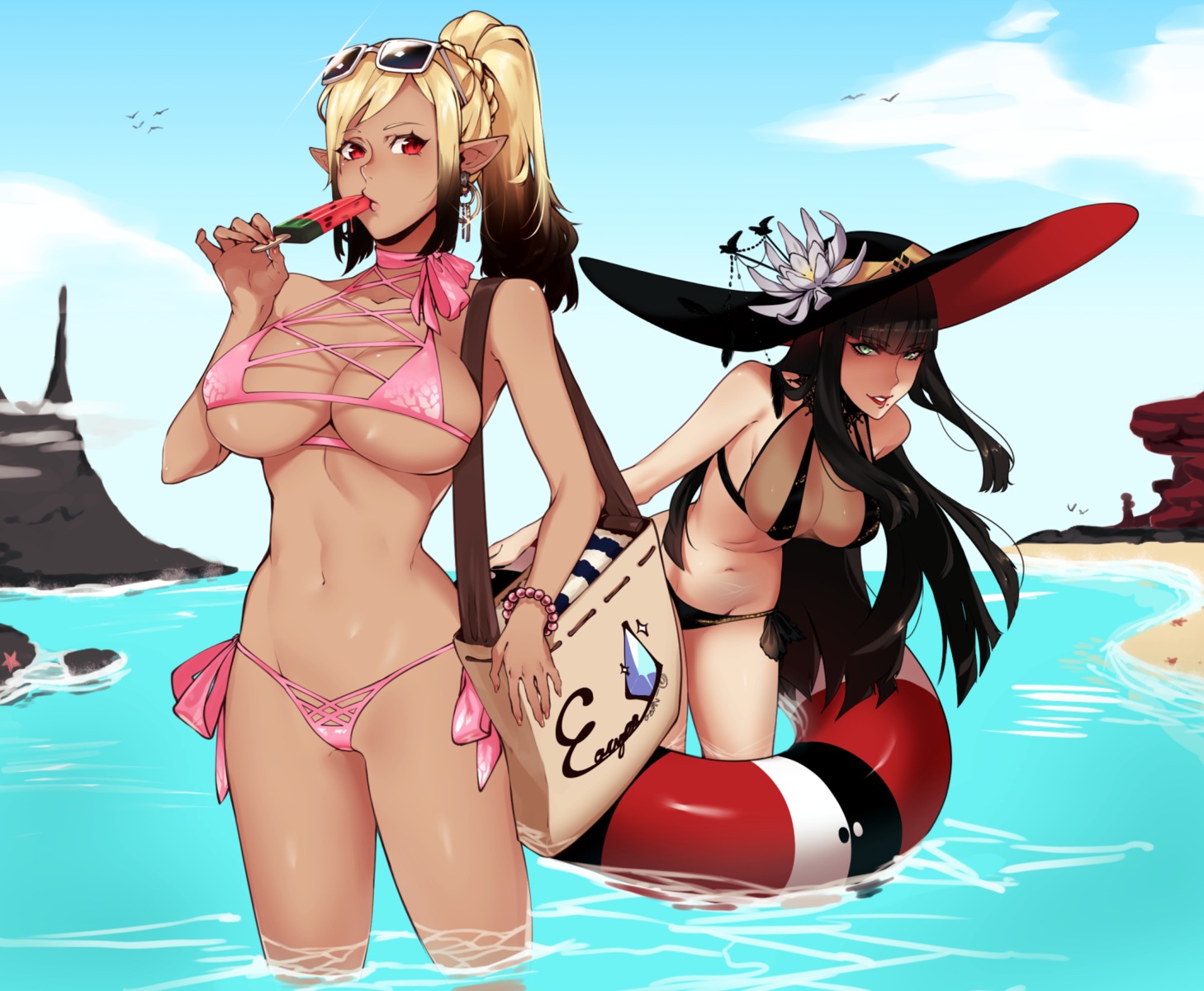 bikini, final_fantasy, final_fantasy_xiv, megane, pointy_ears, see_through, skelefuku, swimsuits, wet