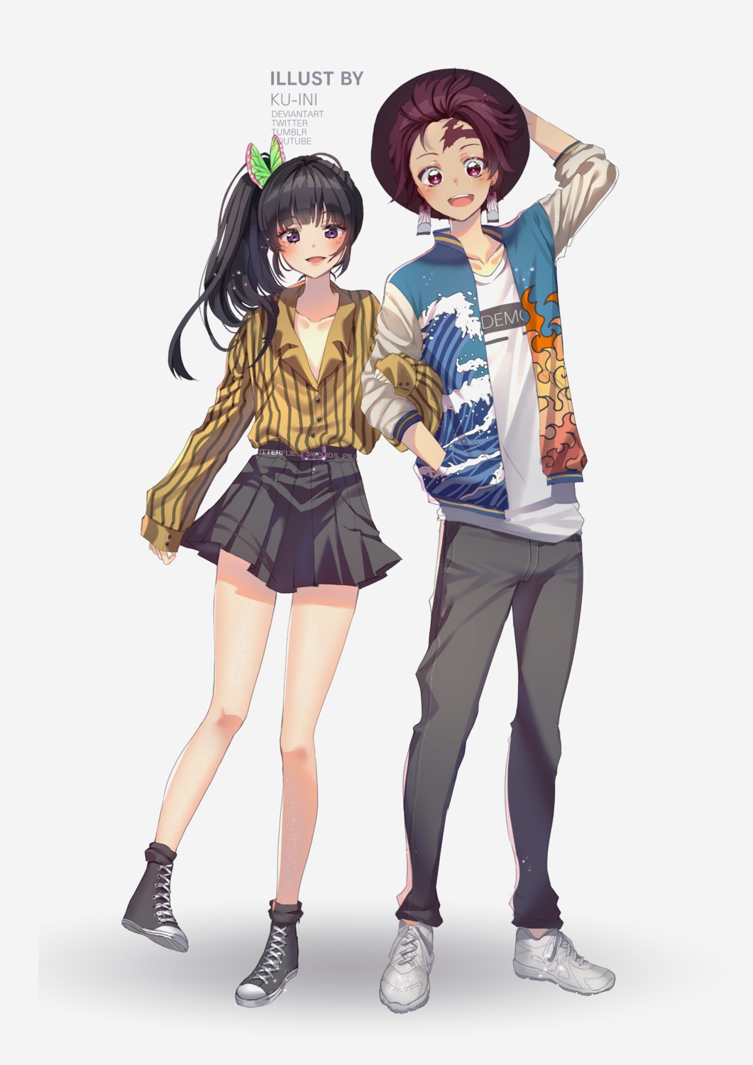 dress_shirt, kamado_tanjirou, kimetsu_no_yaiba, kuini, no_bra, open_shirt, tsuyuri_kanao