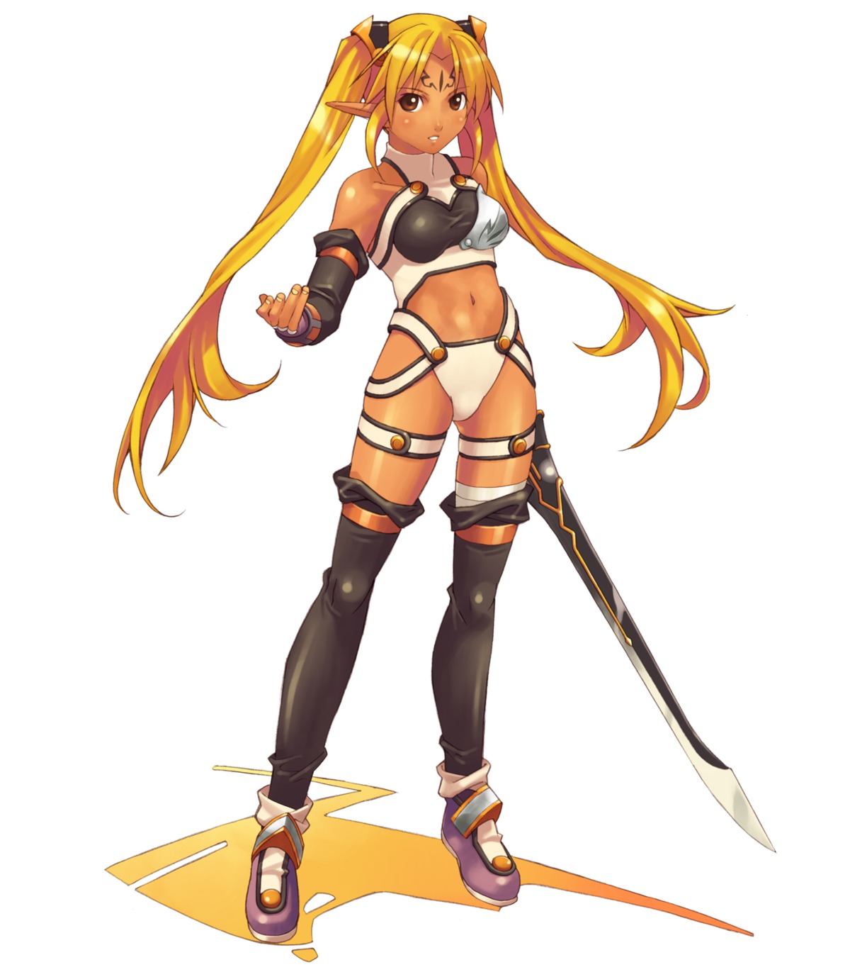bandages, elf, garter, hirano_katsuyuki, idea_factory, leotard, pointy_ears, spectral_souls, sword, tarnard, thighhighs