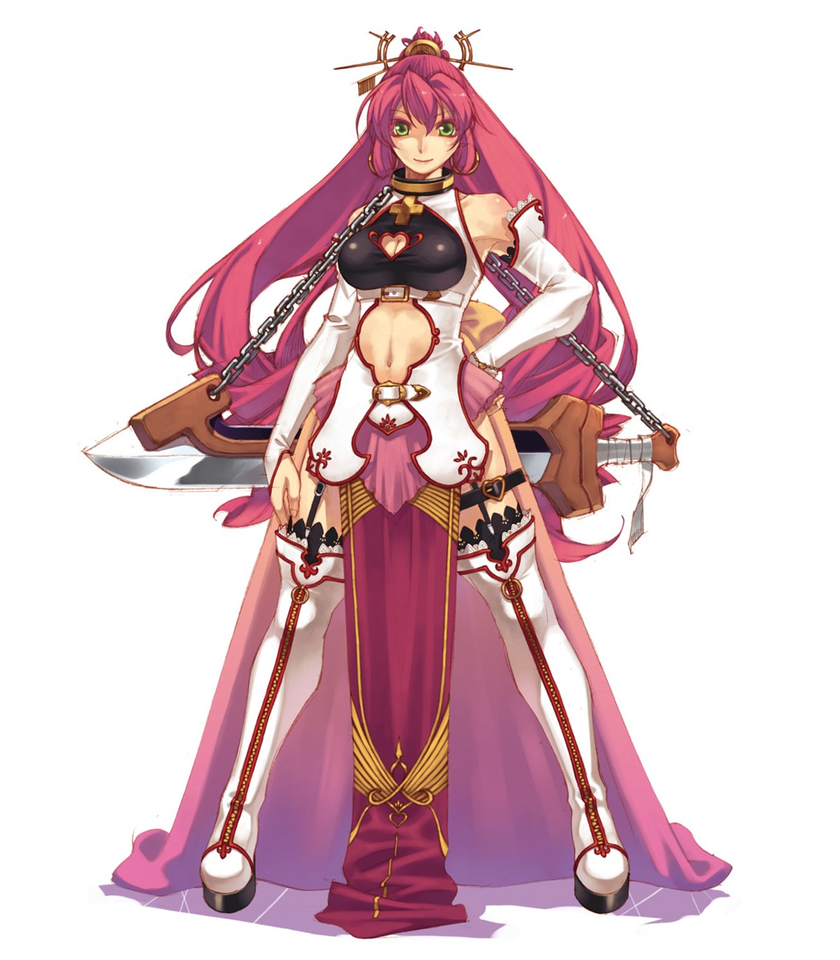 cleavage, dress, garter, hirano_katsuyuki, spectral_souls, stockings, sword, thighhighs, yunellia