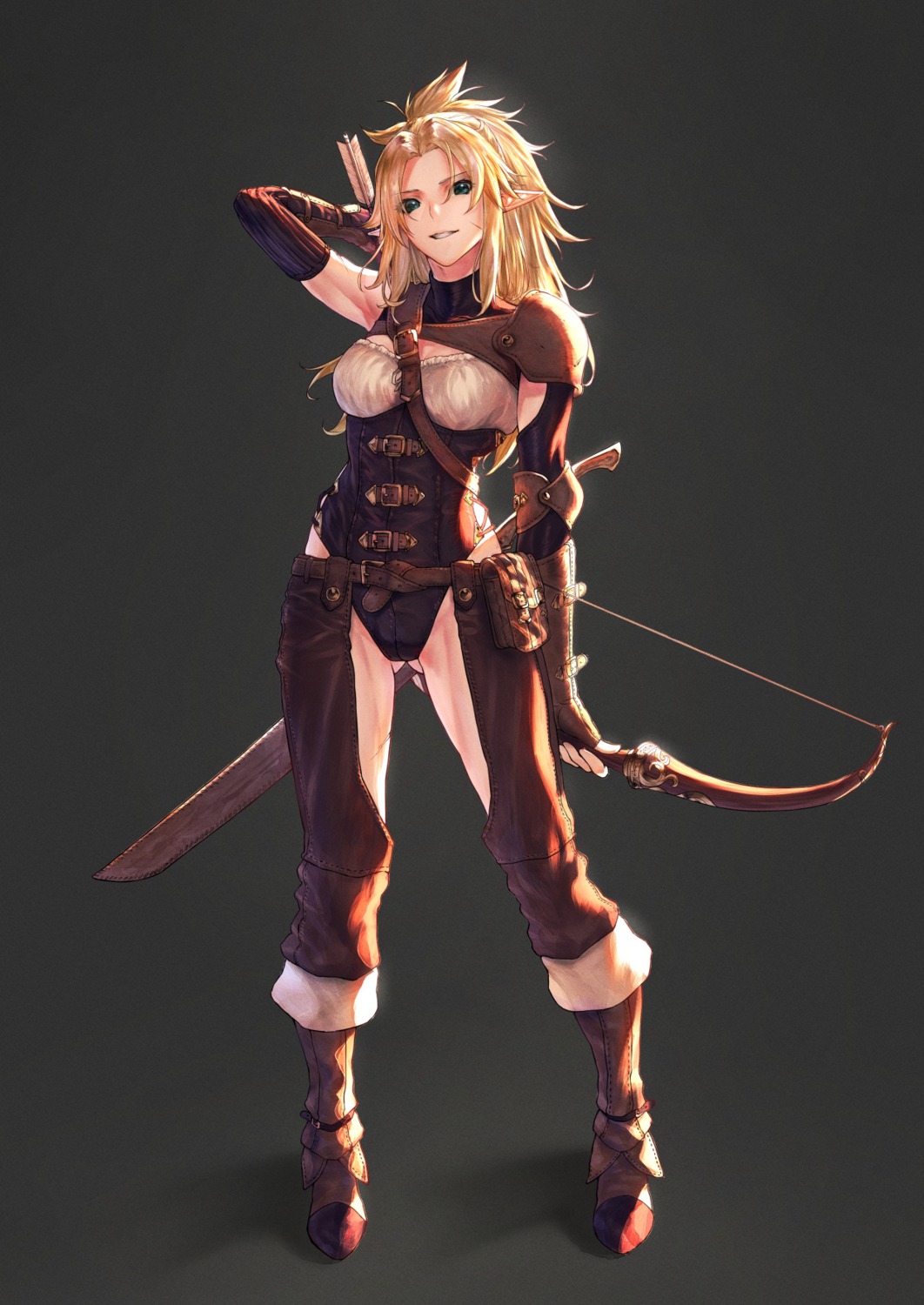 armor, elf, leotard, mugetsu, pointy_ears, sword, weapon