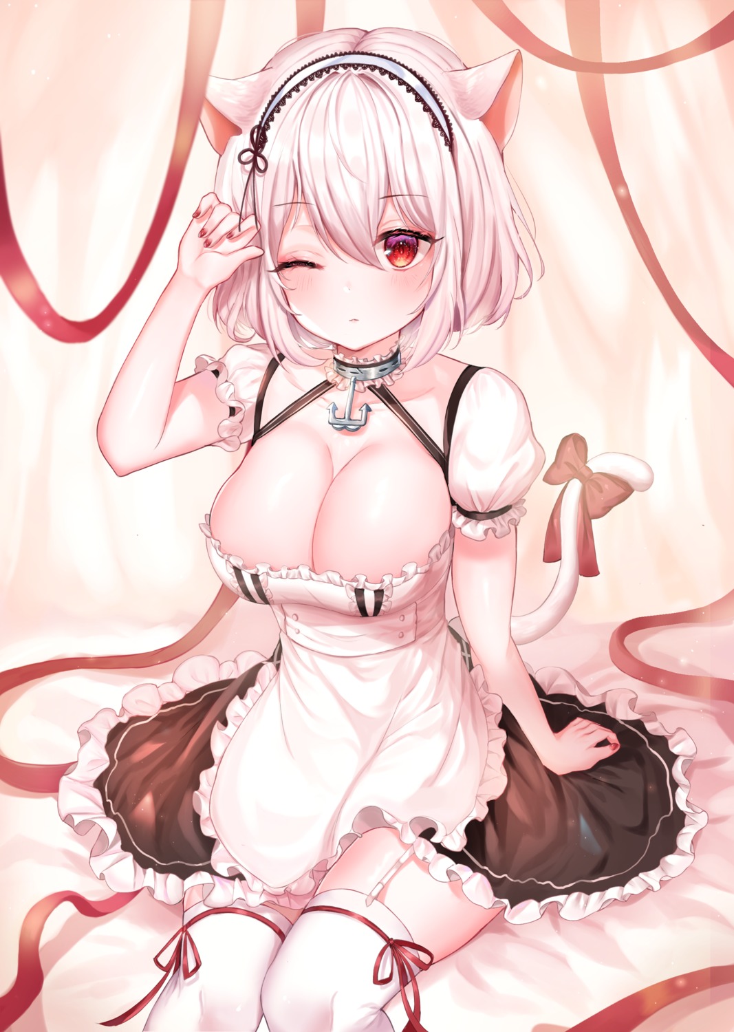 animal_ears, azur_lane, maid, nekomimi, no_bra, sirius_(azur_lane), stockings, tail, thighhighs, yam_(dr_yammy)
