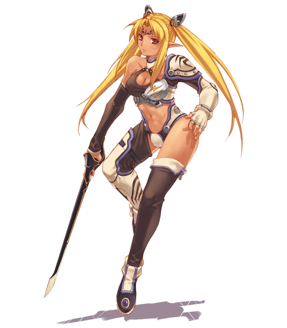 armor, cleavage, elf, hirano_katsuyuki, idea_factory, leotard, pointy_ears, spectral_souls, spectral_souls_ii, sword, tarnard, thighhighs