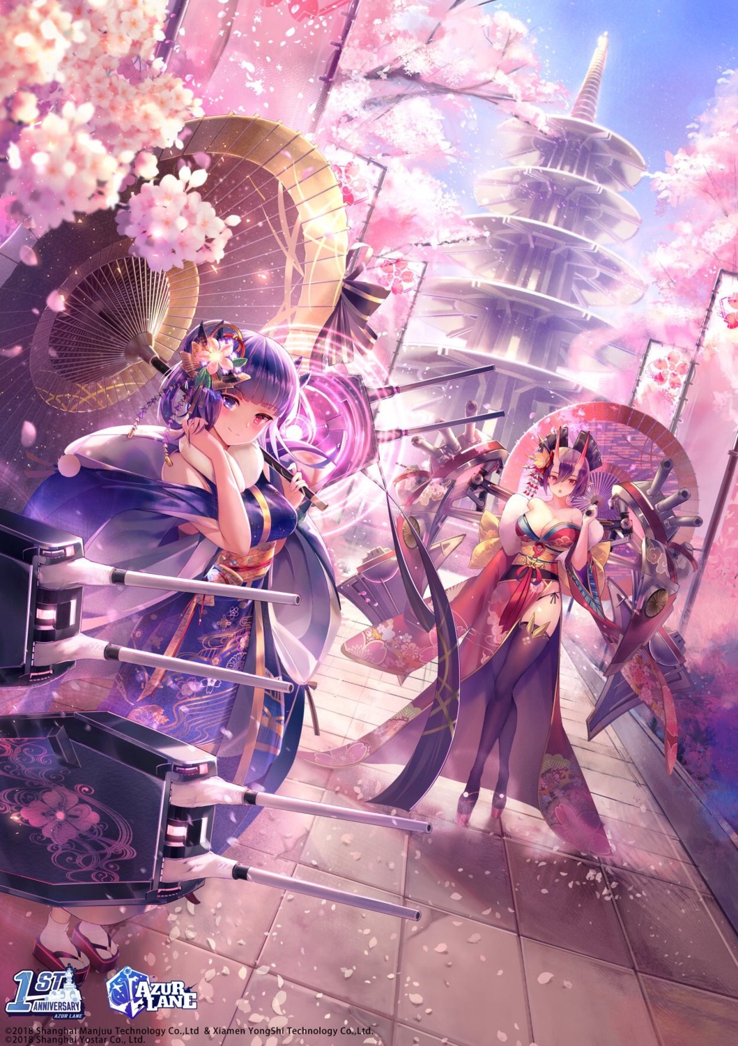 azur_lane, cleavage, heterochromia, horns, ibuki_(azur_lane), izumo_(azur_lane), janyhero, japanese_clothes