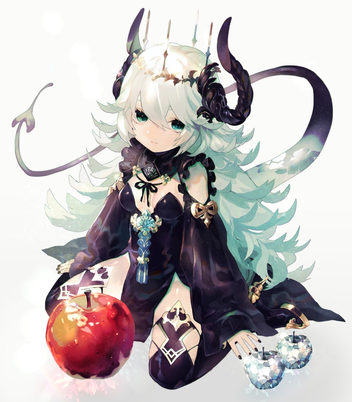 cleavage, dress, horns, natsuiro_xx, no_bra, tail, thighhighs