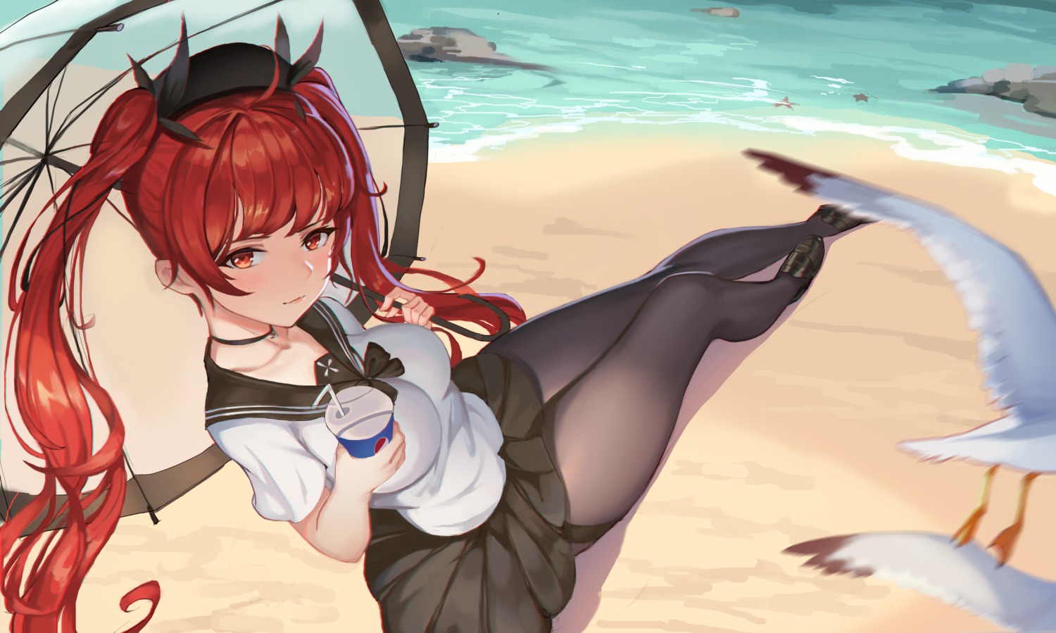 azur_lane, god_hunter, honolulu_(azur_lane), pantyhose, seifuku, skirt_lift, umbrella