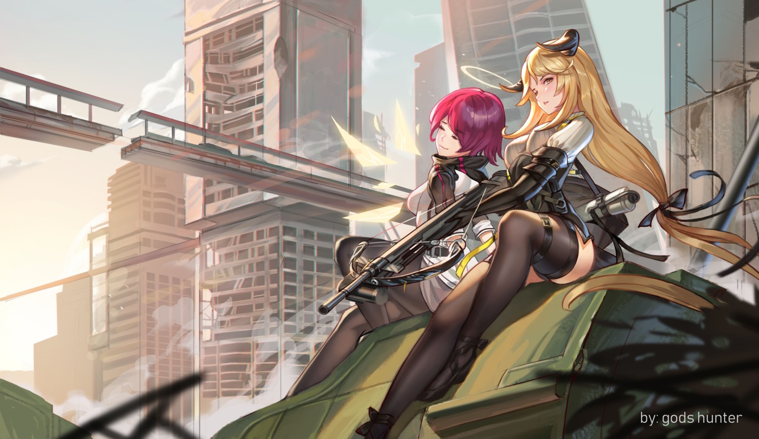 arknights, exusiai_(arknights), garter, god_hunter, gun, heels, horns, meteorite_(arknights)