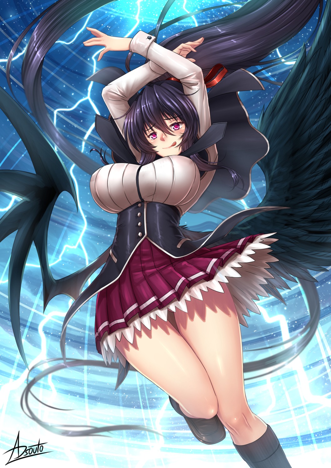 adsouto, high_school_dxd_hero, highschool_dxd, himejima_akeno, seifuku, skirt_lift, wings