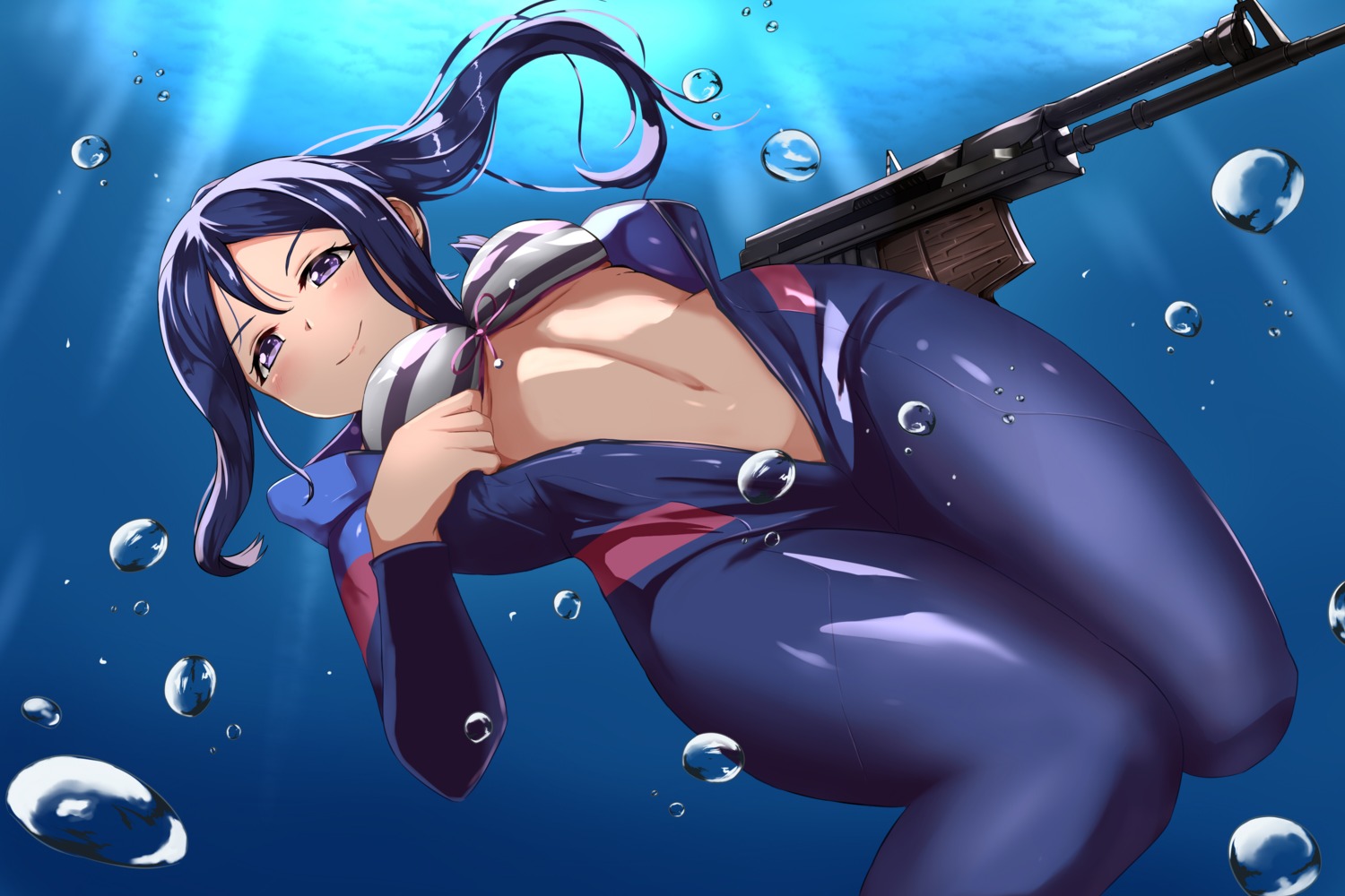 bikini_top, bodysuit, butter_curry, gun, love_live!_(series), love_live!_sunshine!!, matsuura_kanan, open_shirt