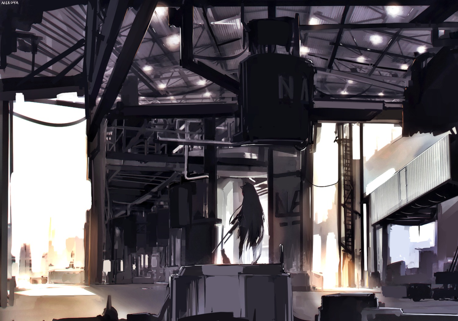 animal_ears, artist_revision, awp_(girls_frontline), girls_frontline, gun, landscape, nekomimi, nekoya_(liu)
