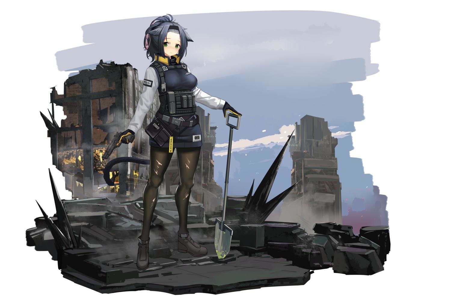 animal_ears, arknights, gun, hamachi_hazuki, jessica_(arknights), pantyhose, torn_clothes