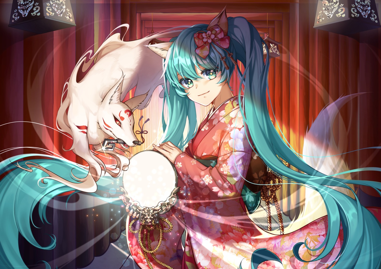 animal_ears, hatsune_miku, kimono, kitsune, kyoto_nippon_festival, lem_tea, tail, vocaloid