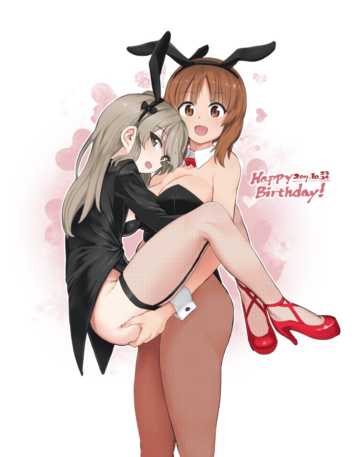 animal_ears, aomushi_(mushamusha), ass_grab, bunny_ears, bunny_girl, cleavage, fishnets, girls_und_panzer, heels, nishizumi_miho, pantyhose, shimada_arisu, thighhighs