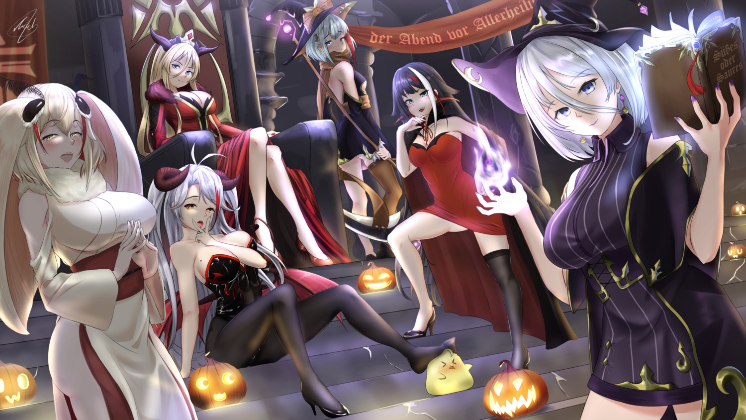 admiral_graf_spee_(azur_lane), azur_lane, bismarck_(azur_lane), breast_hold, cleavage, deutschland_(azur_lane), dress, halloween