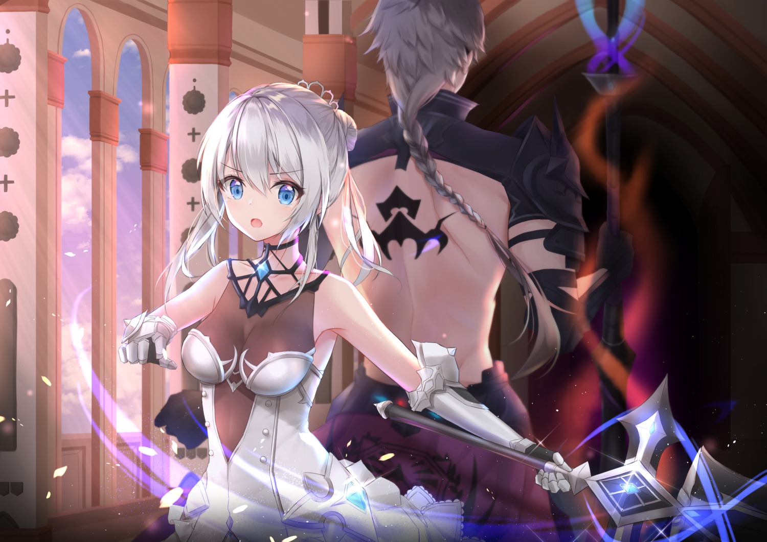 armor, chase_(king's_raid), cleavage, cuna_(qunya), dress, king's_raid, scarlet_(king's_raid), see_through
