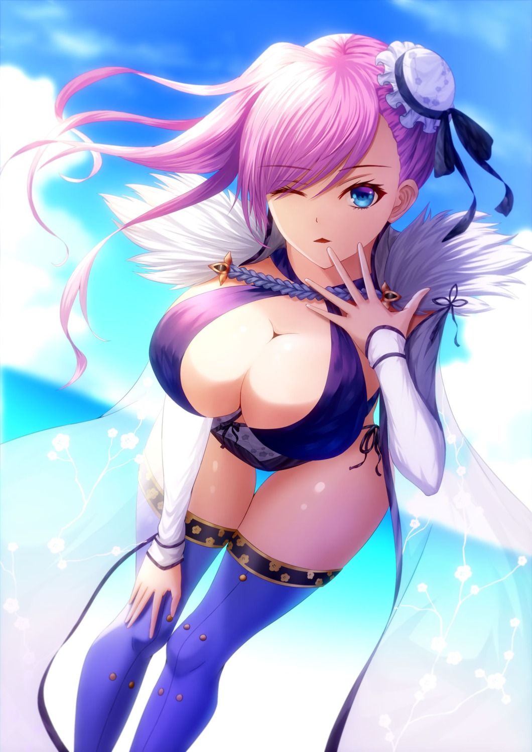 cleavage, fate/grand_order, fujifuji924, miyamoto_musashi_(fate), swimsuits, thighhighs