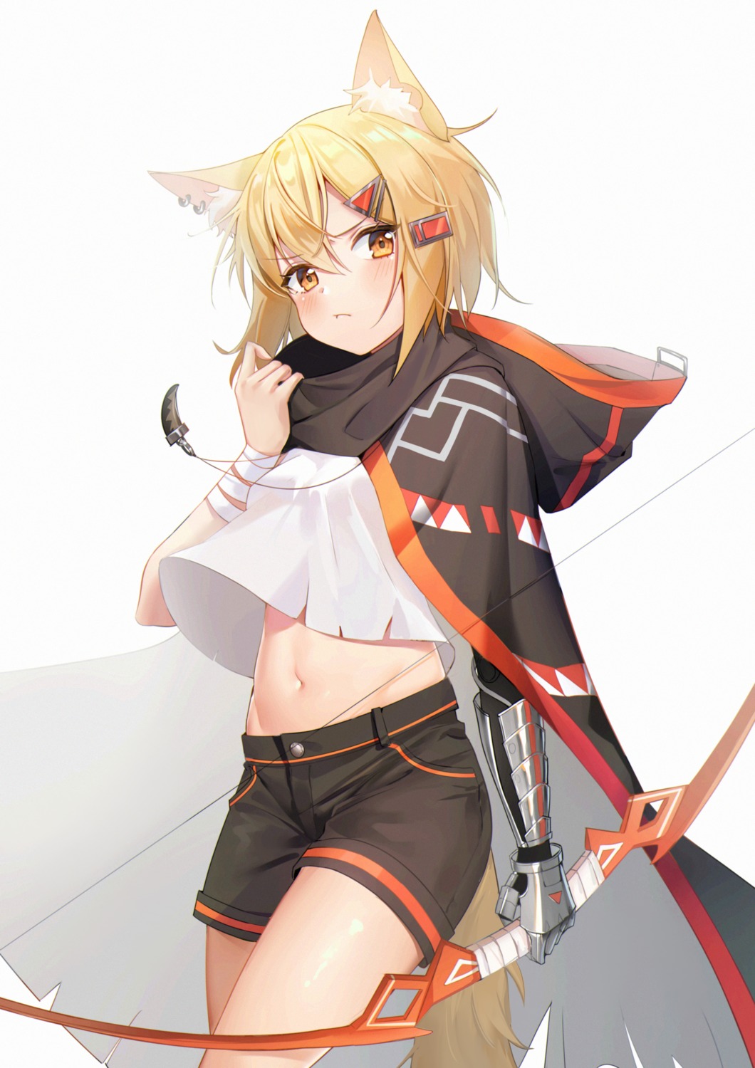 animal_ears, arknights, armor, bandages, gun_mayoko, shirt_lift, tail, torn_clothes, vermeil_(arknights), weapon