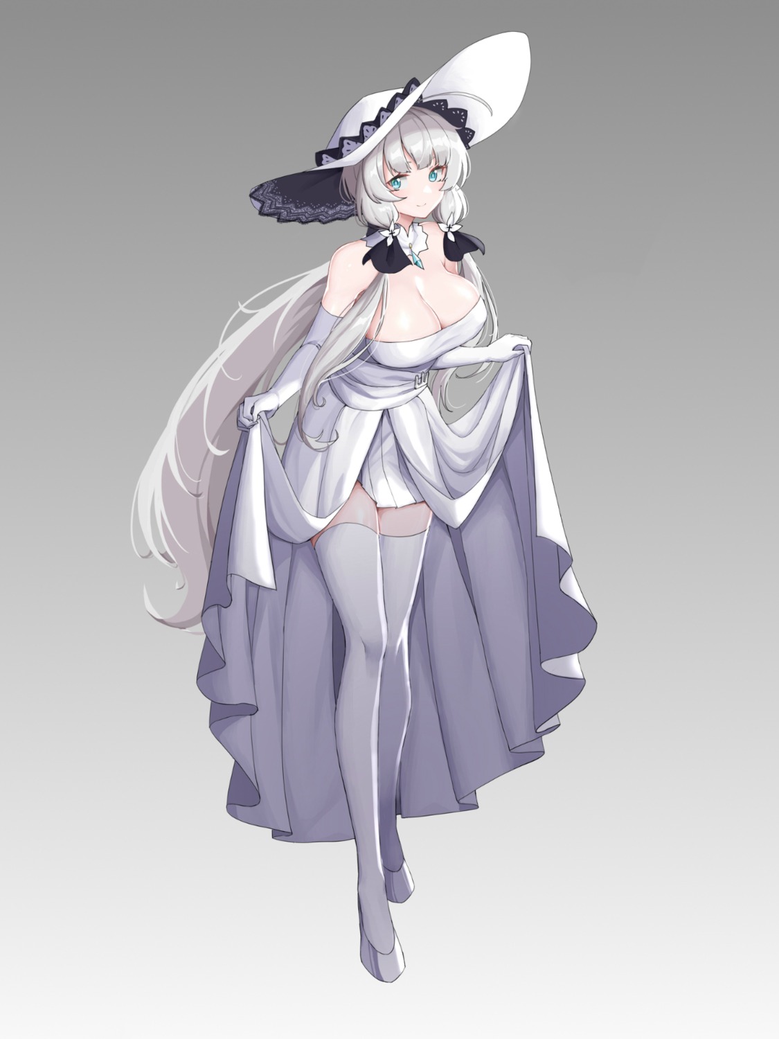 azur_lane, da_chu_z_jun, dress, illustrious_(azur_lane), no_bra, skirt_lift, thighhighs
