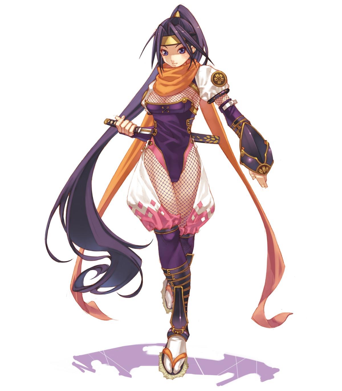 armor, cleavage, fishnets, himika, hirano_katsuyuki, leotard, ninja, spectral_souls
