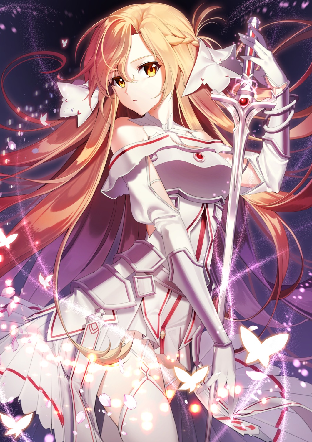 armor, asuna_(sword_art_online), eile_(esspril), stockings, sword, sword_art_online, thighhighs