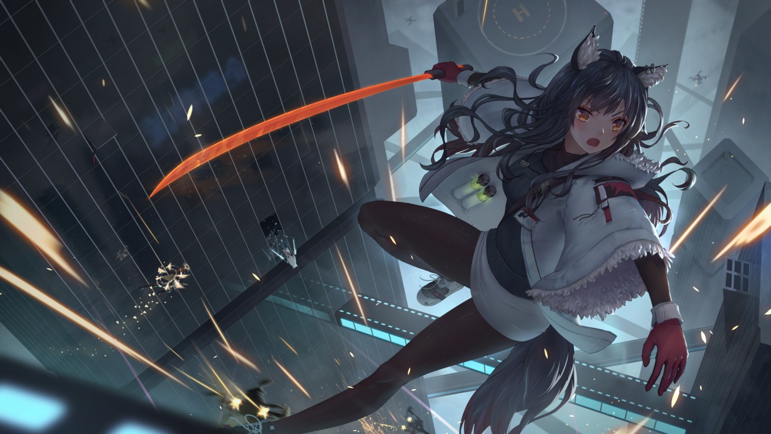 animal_ears, arknights, exusiai_(arknights), jay_xu, lappland_(arknights), pantyhose, sword, tail