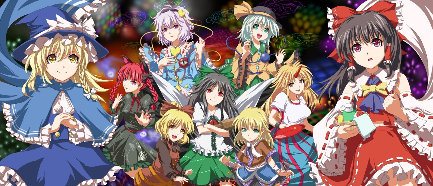 fuji_hyorone, hakurei_reimu, hoshiguma_yuugi, kaenbyou_rin, kirisame_marisa, komeiji_koishi, komeiji_satori, kurodani_yamame