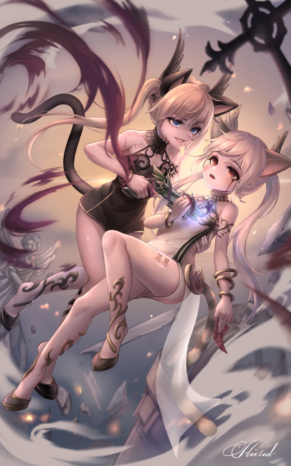 animal_ears, blade_&_soul, blood, gun, kie_(wylee2212), lyn_(blade_&_soul), nekomimi, tail, tattoo, yuri