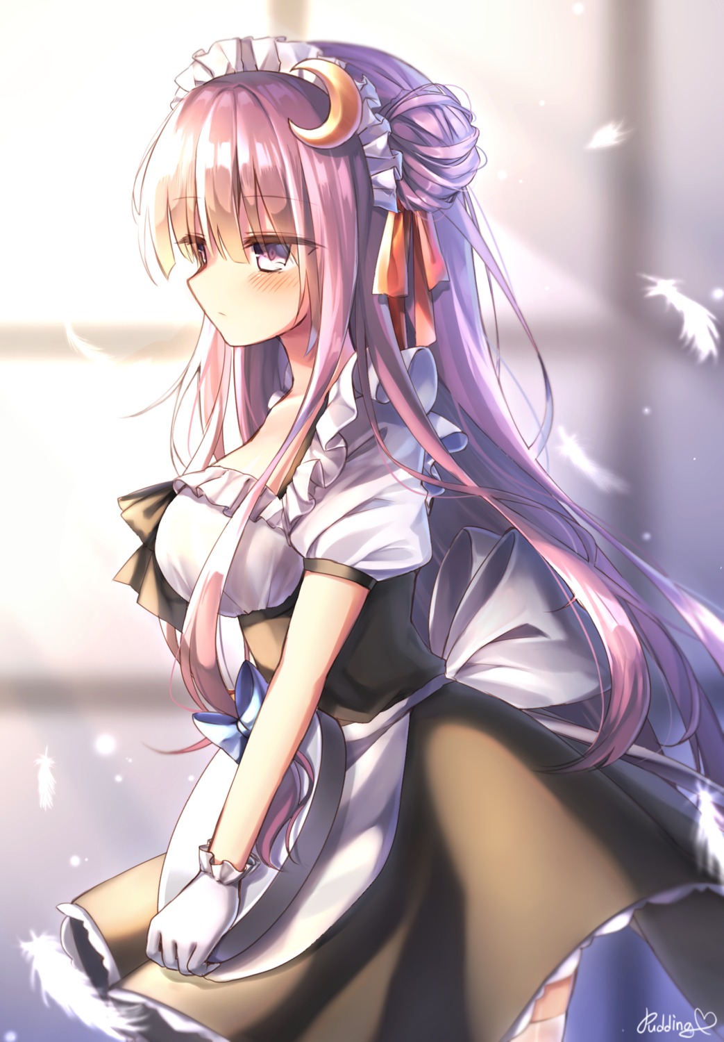 maid, patchouli_knowledge, pudding, skirt_lift, thighhighs, touhou