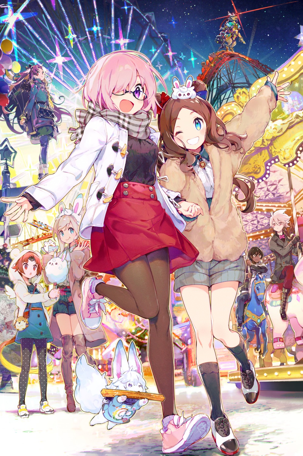 animal_ears, arjuna_(fate), benienma_(fate/grand_order), bunny_ears, cath_palug_(fate), dress, ereshkigal_(fate), fate/grand_order, karna_(fate), leonardo_da_vinci_(fate), mash_kyrielight, megane, miyamoto_musashi_(fate), namie-kun, pantyhose, red_hare_(fate/grand_order), thighhighs, wings
