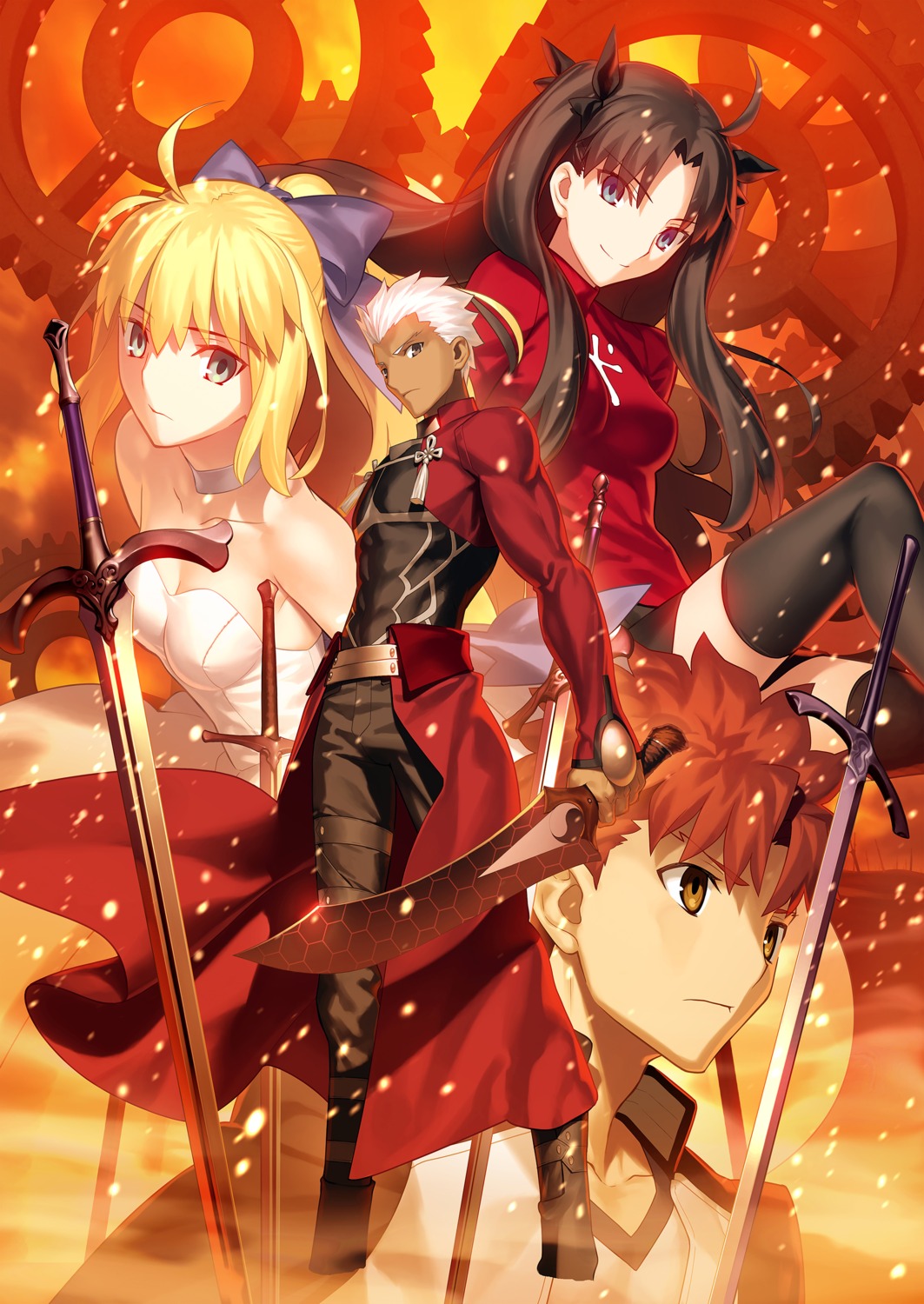 archer, artoria_pendragon_(fate), cleavage, dress, emiya_shirou, fate/stay_night, sword, takeuchi_takashi