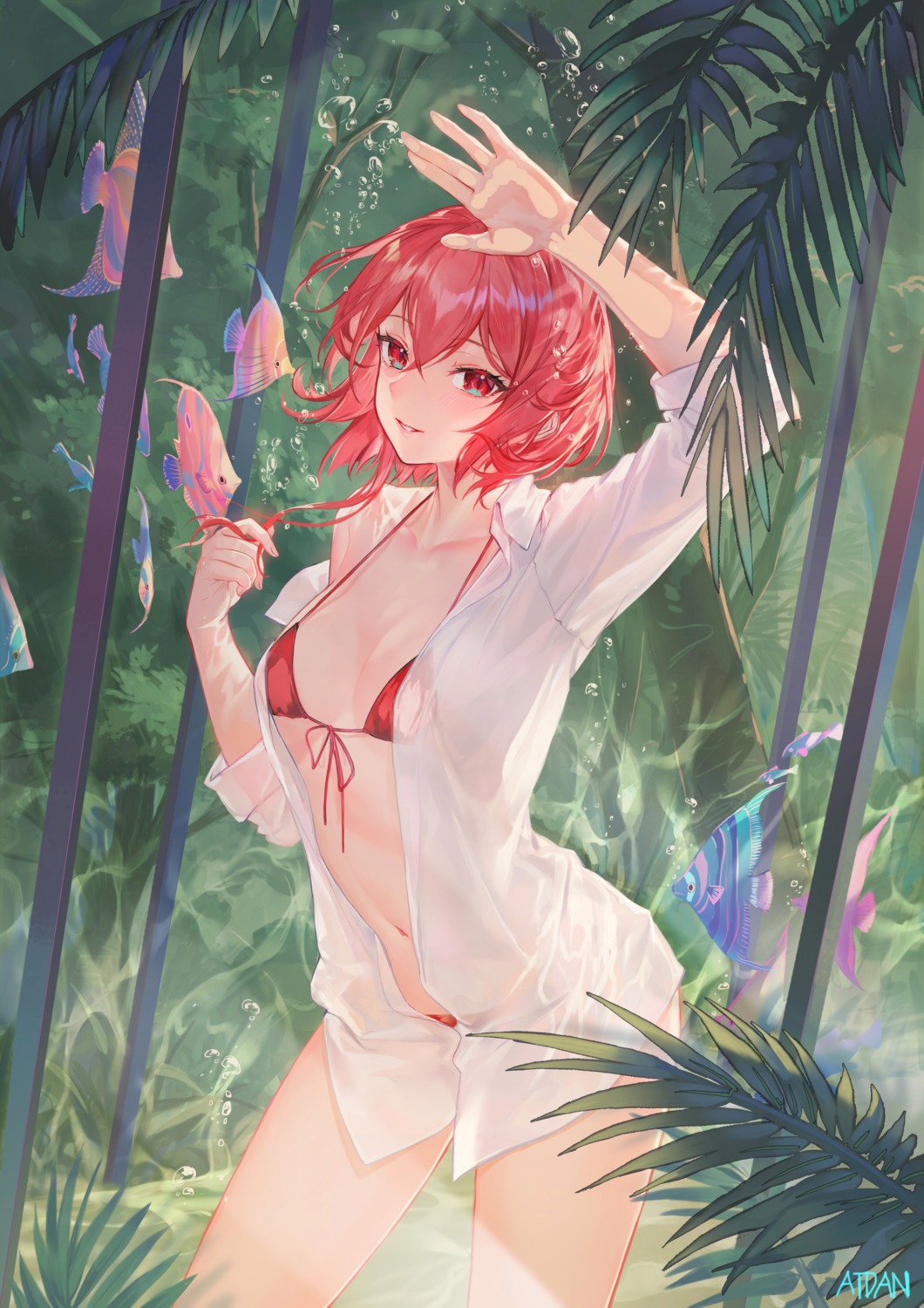 atdan, bikini, chiyu_(synthesizer_v), dress_shirt, open_shirt, see_through, swimsuits, synthesizer_v, wet_clothes