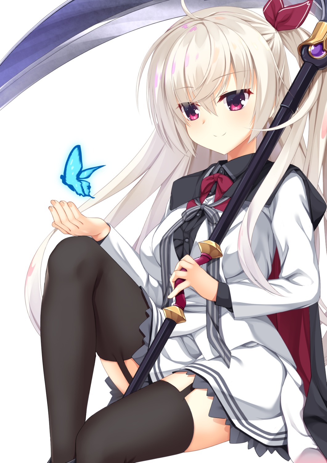 akizuki_kanna, cafe_stella_to_shinigami_no_chou, log_(8kumagawa), skirt_lift, stockings, thighhighs, weapon