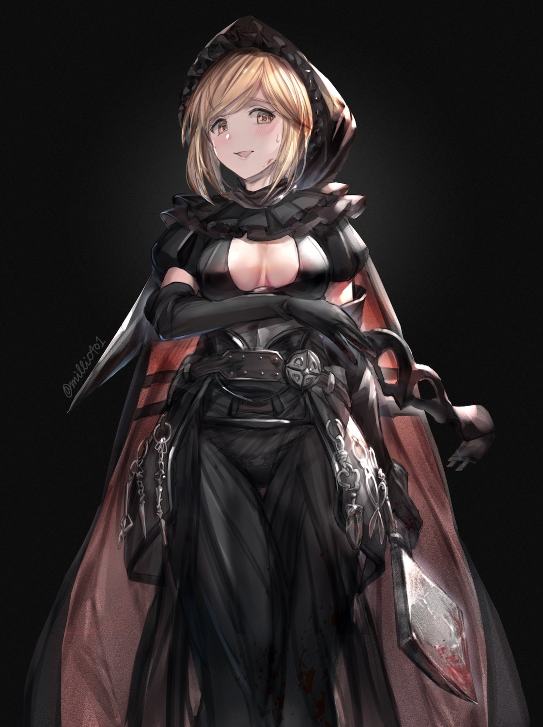 blood, breast_hold, djeeta_(granblue_fantasy), dress, granblue_fantasy, milli_little, no_bra
