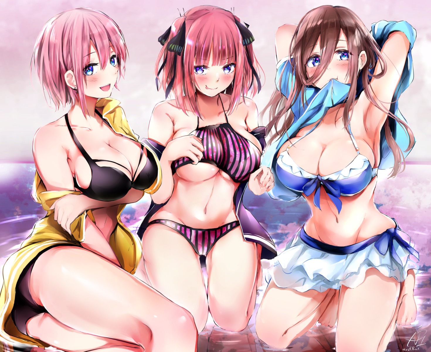 5-toubun_no_hanayome, ass, bikini, breast_hold, cleavage, nakano_ichika, nakano_miku, nakano_nino