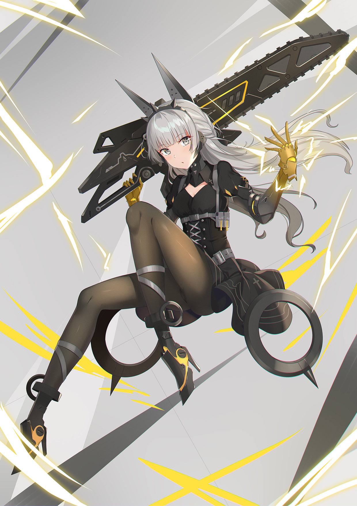 animal_ears, chainsaw, dress, heels, mecha_musume, nanami_(punishing:_gray_raven), nanami_storm, pantyhose, punishing:_gray_raven, skirt_lift, yongheng_zhi_wu