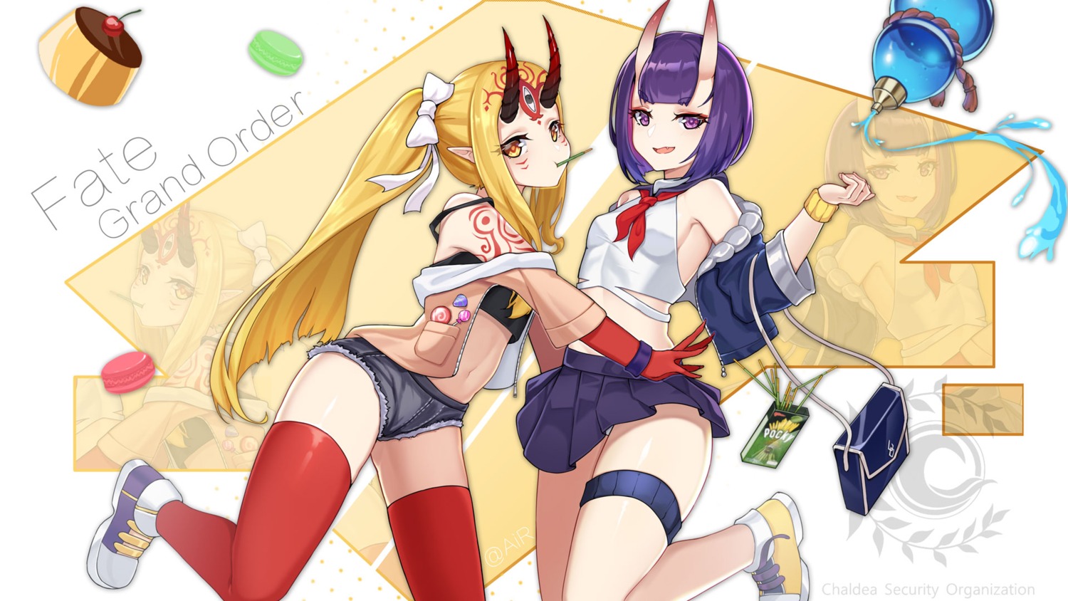 bra, fate/grand_order, garter, horns, ibaraki_douji_(fate), mo_ying_yu, open_shirt, pantsu