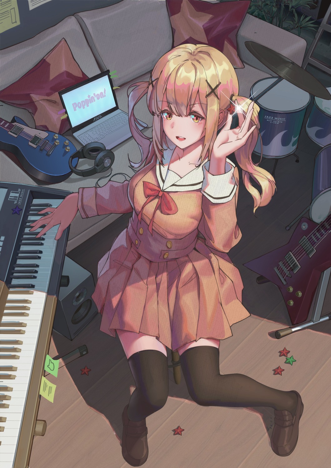 bang_dream!, guitar, headphones, ichigaya_arisa, seifuku, tengyuan_pa_pa_zi, thighhighs