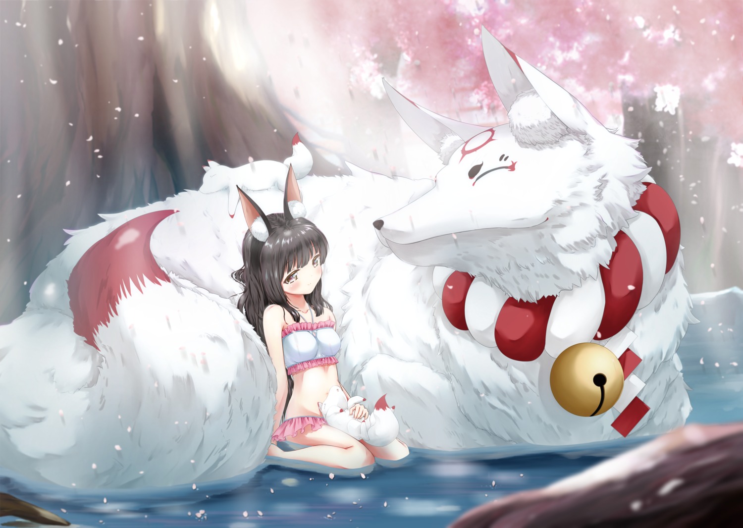 animal_ears, azur_lane, bikini, kitsune, nagato_(azur_lane), swimsuits, wakamoto_riwo, wet