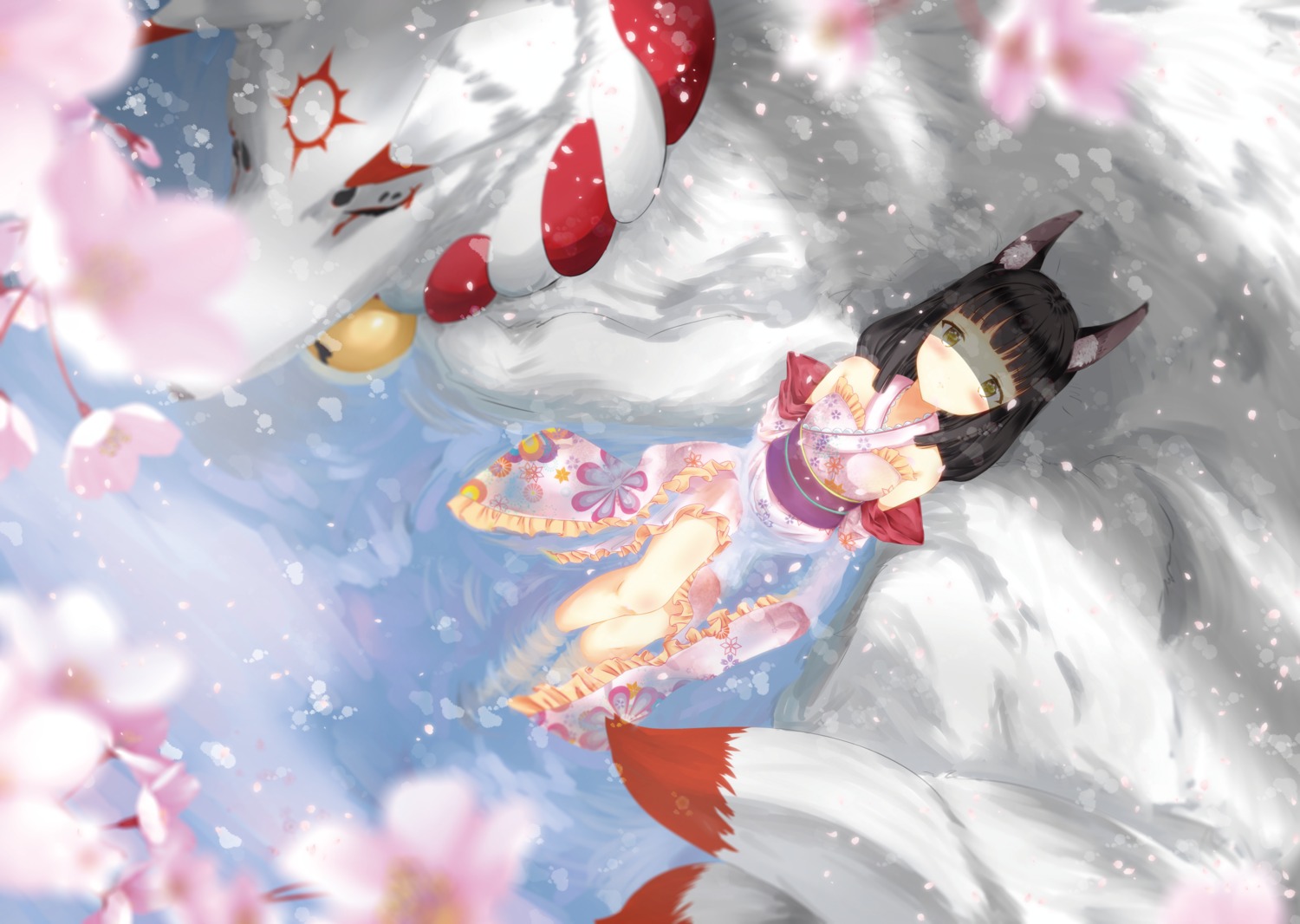 animal_ears, azur_lane, kitsune, lolita_fashion, nagato_(azur_lane), see_through, wa_lolita, wakamoto_riwo