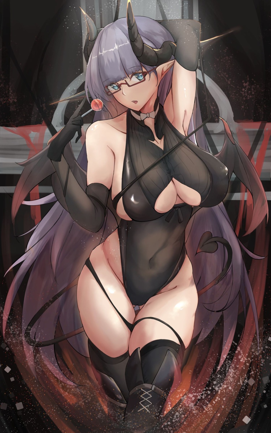 azur_lane, gneisenau_(azur_lane), halloween, horns, leotard, megane, no_bra, pointy_ears