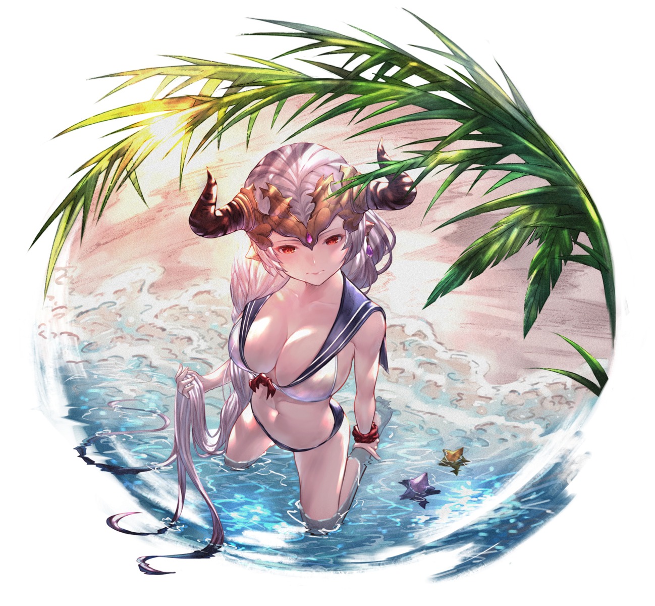 aleeza_(granblue_fantasy), bikini, cleavage, granblue_fantasy, horns, pointy_ears, swimsuits, wet, yu_pian