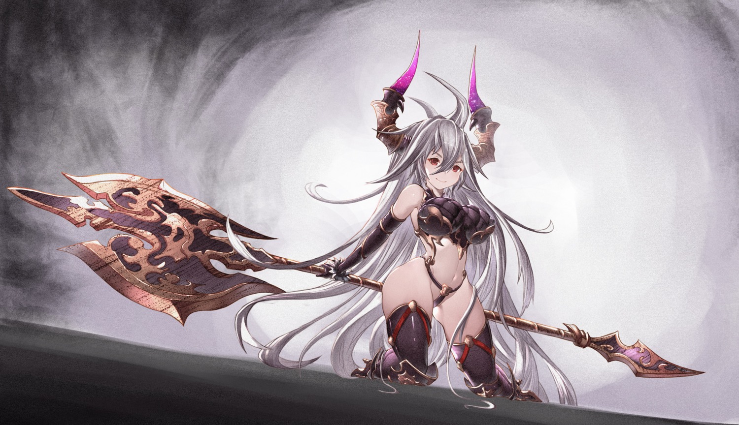 armor, bikini_armor, granblue_fantasy, horns, thighhighs, thong, threo, weapon, yu_pian