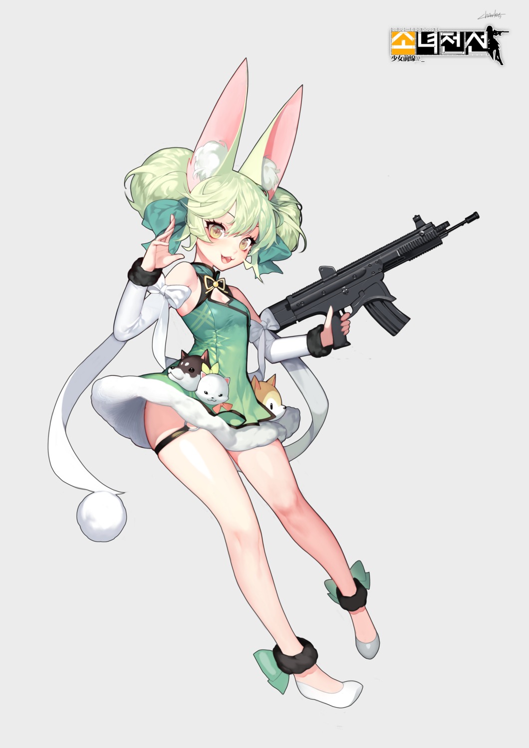 animal_ears, art556_(girls_frontline), charles_(106858), dress, garter, girls_frontline, gun, skirt_lift