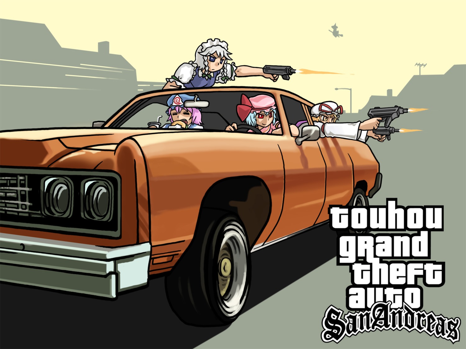 grand_theft_auto, izayoi_sakuya, kirisame_marisa, parody, remilia_scarlet, saigyouji_yuyuko, touhou, wallpaper, yakumo_yukari, yukiman