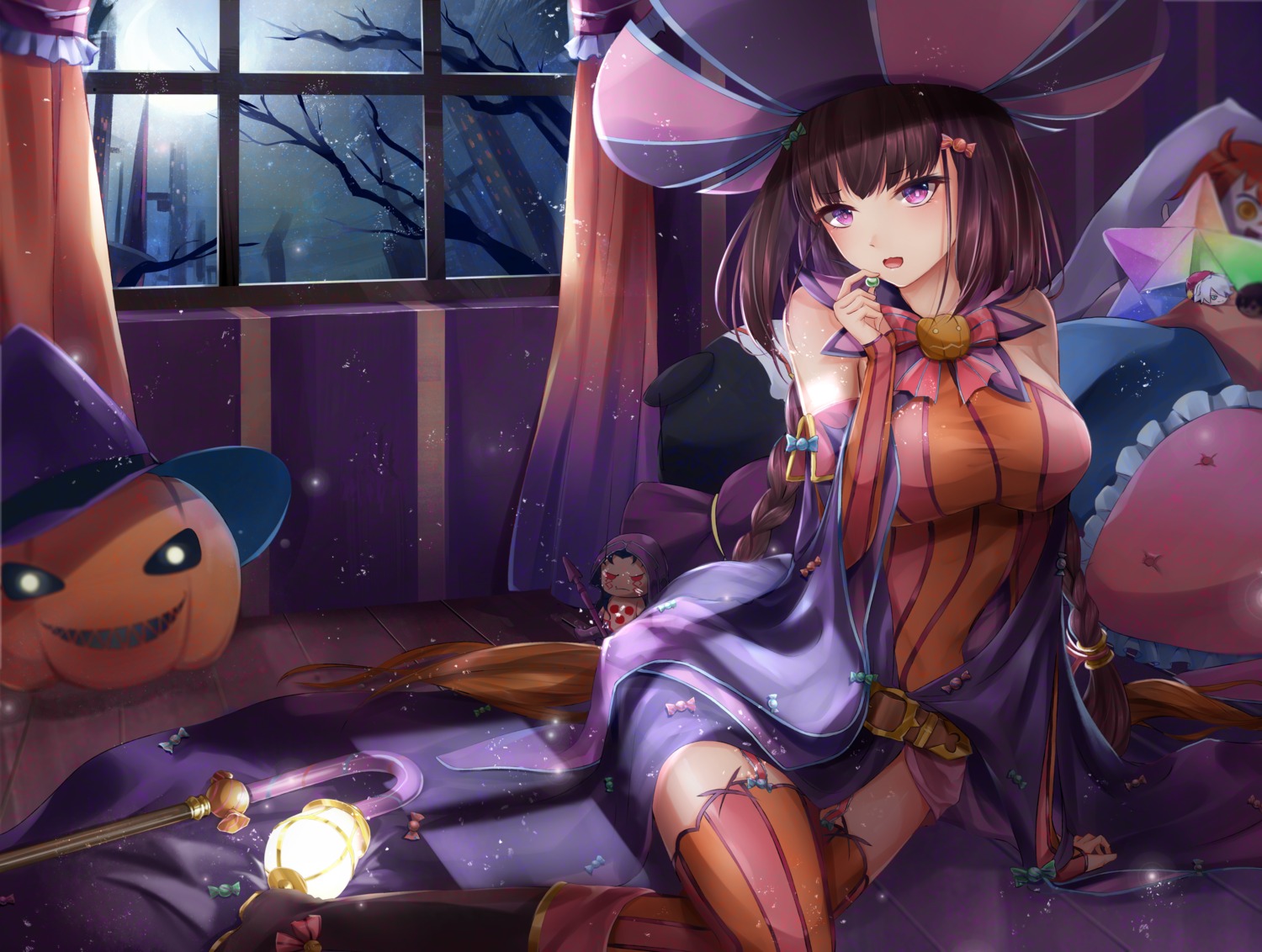 cu_chulainn_alter_(fate), fate/grand_order, fujimaru_ritsuka_(female), halloween, miyamoto_musashi_(fate), osakabehime_(fate), slime_(user_jpds8754), thighhighs, witch