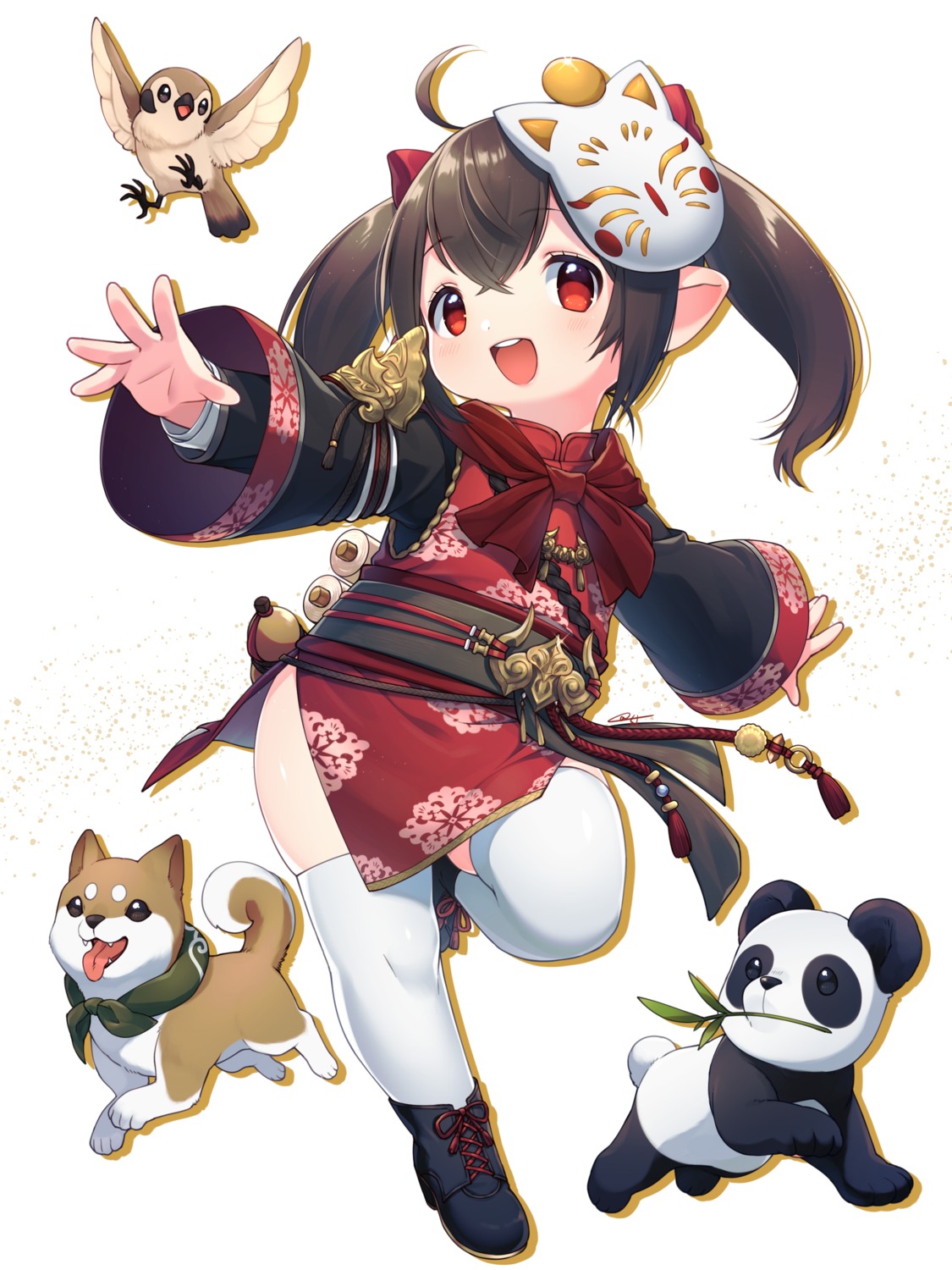 armor, chinadress, final_fantasy, final_fantasy_xiv, lalafell, pointy_ears, sakura_chiyo_(konachi000), thighhighs